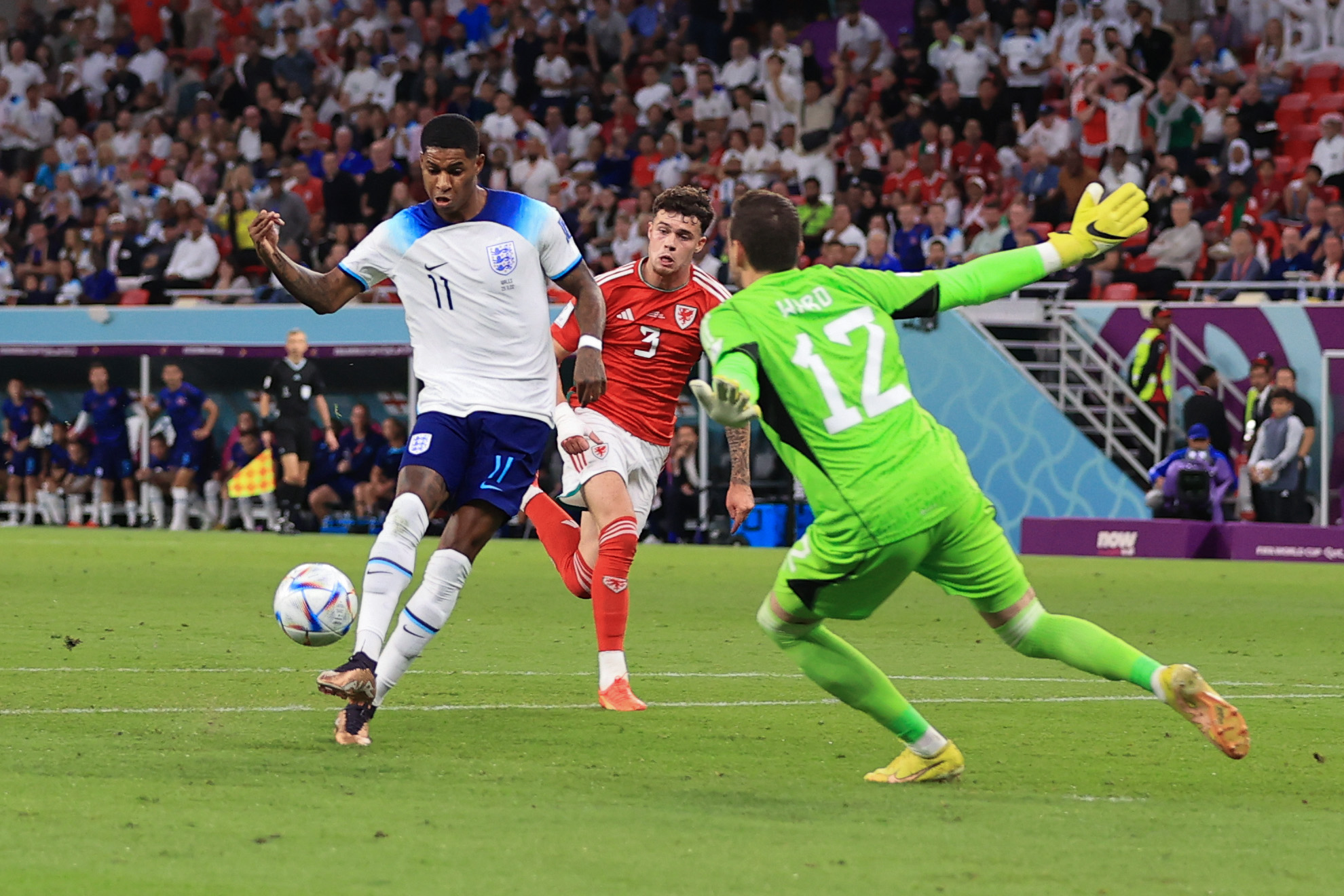 Dragons keeper Ward denies England's Marcus Rashford at the 2022 World Cup