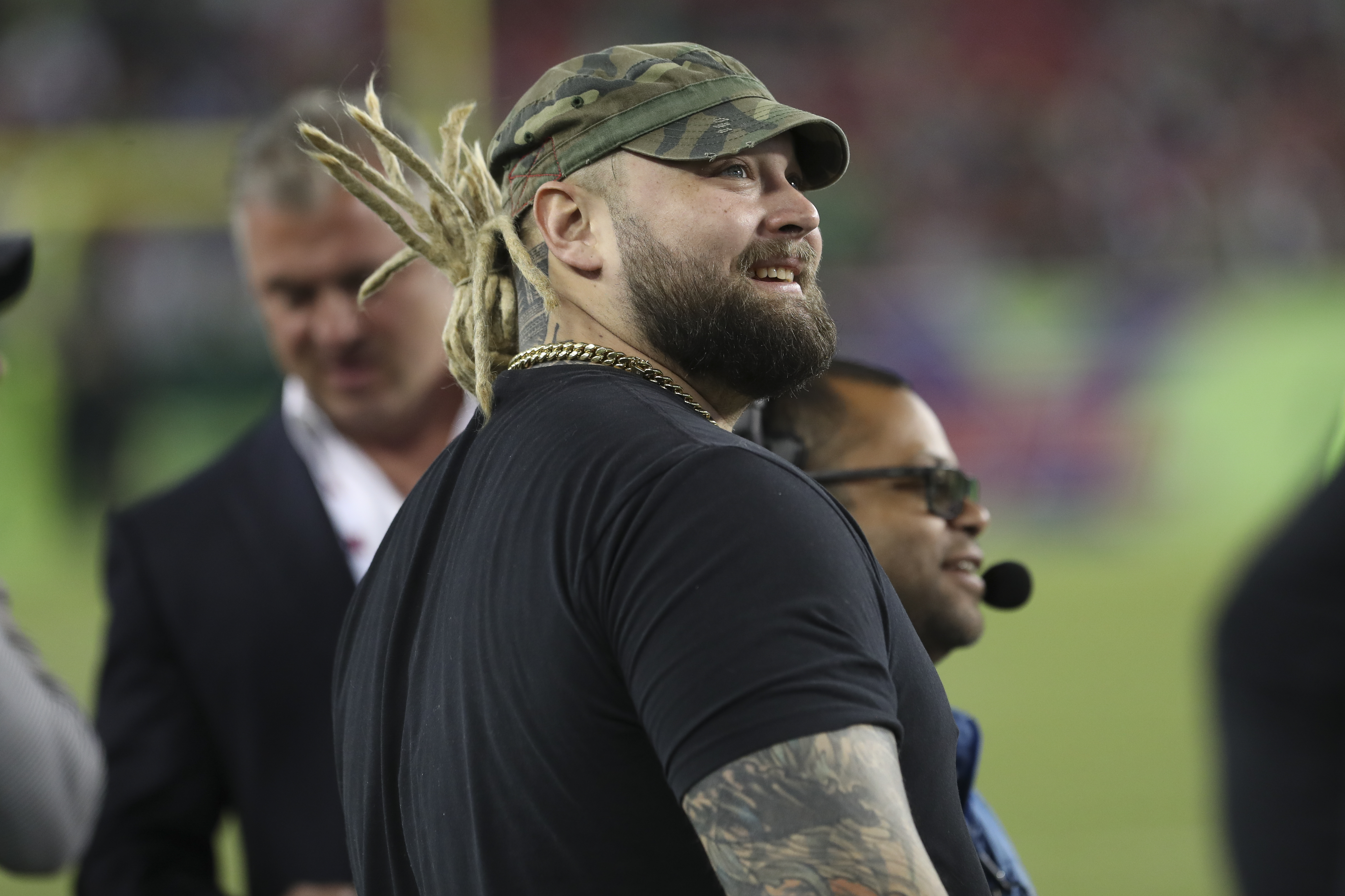 WWE wrestler Bray Wyatt watches from the sideline during the XFL game between the DC Defenders and Tampa Bay Vipers on March 01, 2020, at Raymond James Stadium in Tampa, Florida