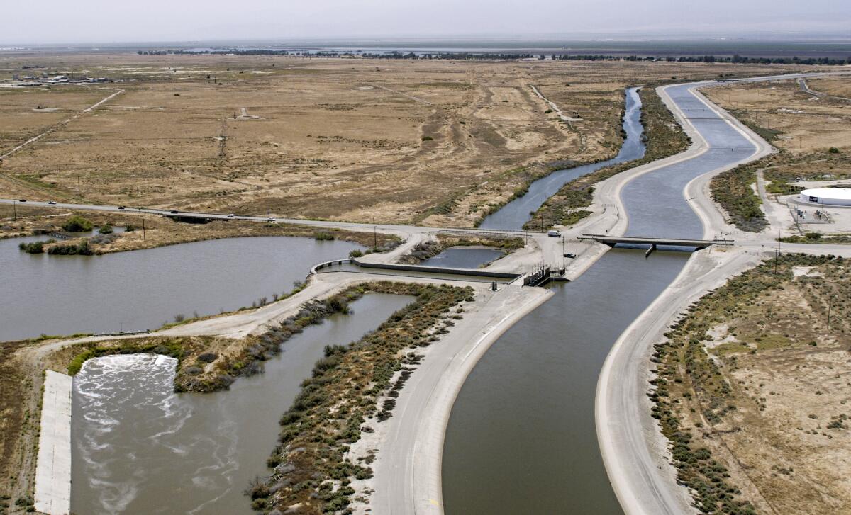 The California Aqueduct, the main conduit of the State Water Project, skirts the Kern River Intertie near Bakersfield.