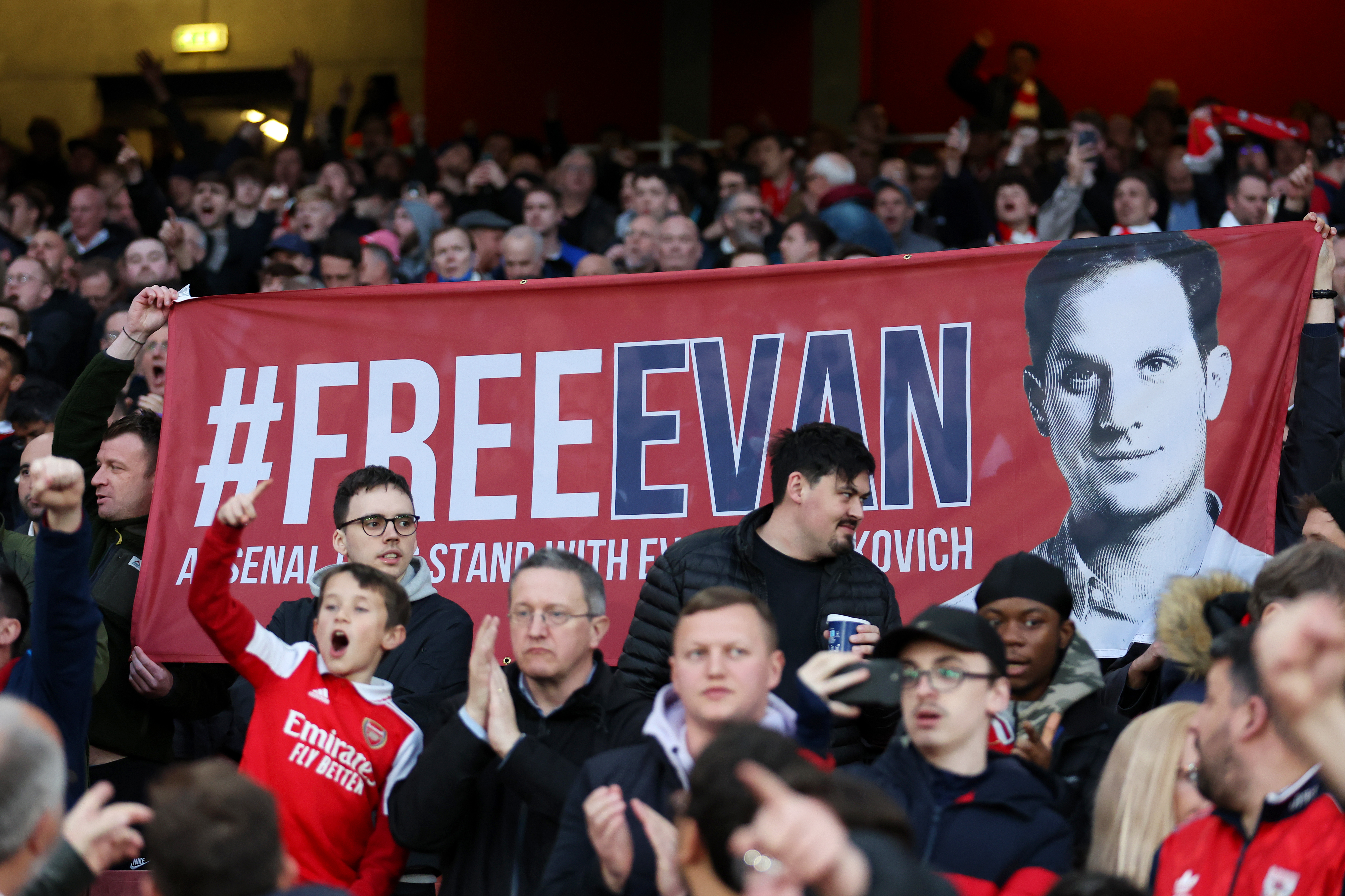 A banner is displayed in support of Evan prior to the Premier League match of his favourite team Arsenal