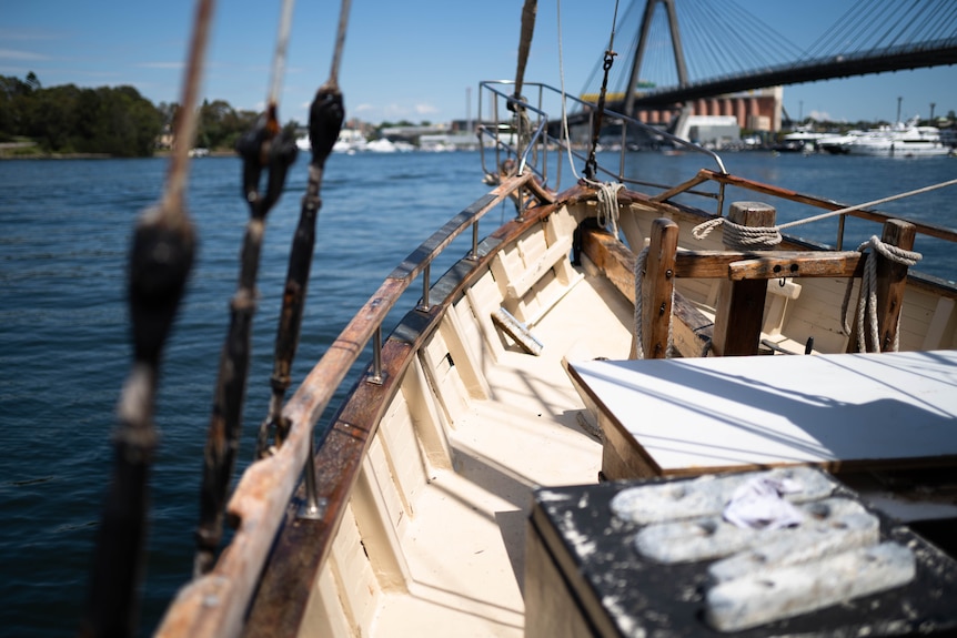 Portrait of a man aboard a boat, sunny weather and calm blue water.