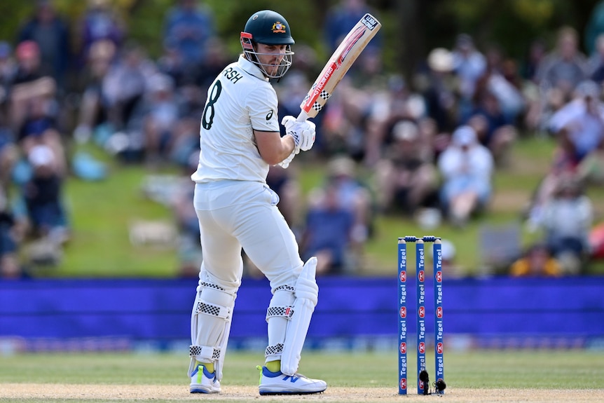 Mitch Marsh looks back at his stumps