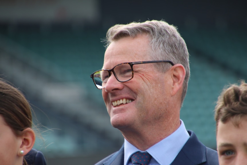 Grant O'Brien at announcement of the inaugural board for AFL Tasmania team, photographed with other board members at York Park, Launceston 2023