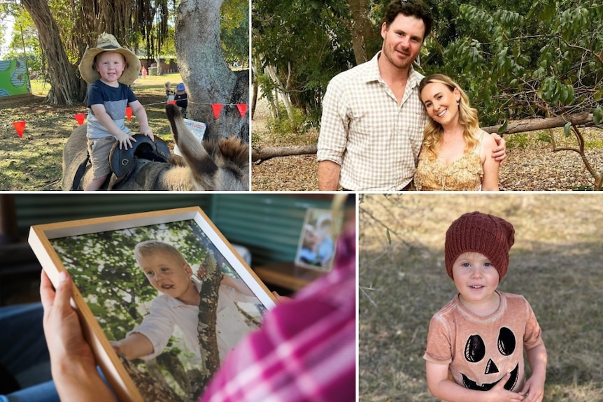 A collage of a family with a mum, dad and three young blonde boys.