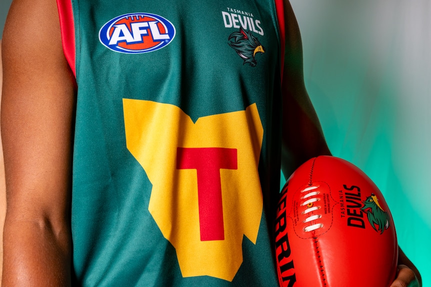 Close-up of Tasmania Devils AFL team foundation jumper design.