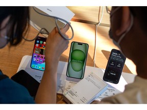 Apple Inc. iPhone 15 smartphones on display at an Apple store in Beijing, China, on Friday, Sept. 22, 2023. Apple's latest iPhones and watches went on sale today, a test of whether a new smartphone design and modest smartwatch changes can help return the company to growth.