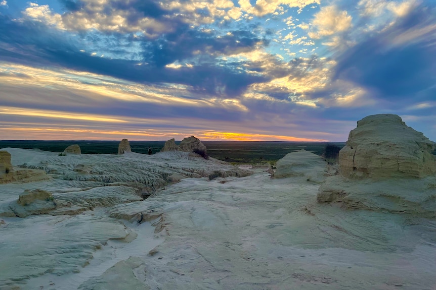 The sun setting over eroded sand mounds at Lake Mungo 