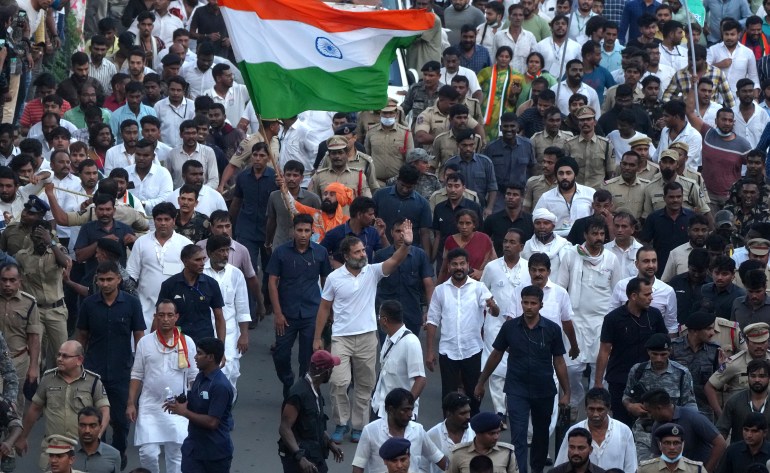 Congress party leader Rahul Gandhi, with other leaders during his months long Bharat Jodo Yatra in Hyderabad, India