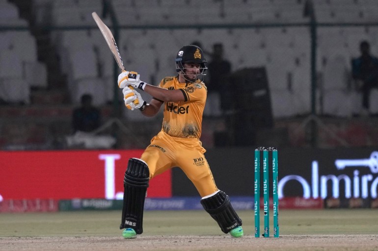 Peshawar Zalmi' Saim Ayub bats during the Pakistan Super League T20 cricket eliminator match between Islamabad United and Peshawar Zalmi, in Karachi, Pakistan, Saturday, March 16, 2024. (AP Photo/Fareed Khan)