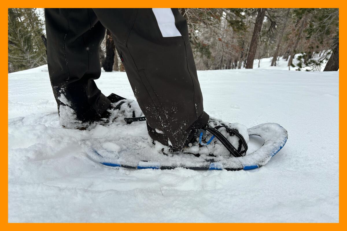 Snowshoes keep a hiker atop a snow hiking path