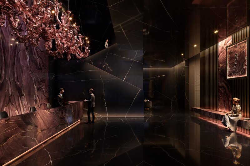 The Lobby at 888 Brickell by Dolce&amp;Gabbana and JDS Development Group will feature black and burgundy marble. The Miami real estate project is the Italian fashion house's first in the United States. Image courtesy of JDS Development Group