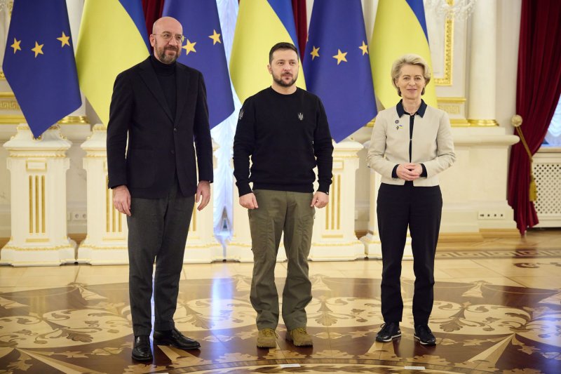 Ukrainian President Volodymyr Zelenskyi (C), European Commission Ursula von der Leyen (R) and President of the European Council Charles Michel pose for a photo in February of 2023. On Monday, the European Union agreed to provide Ukraine with more than $5 billion in additional funding for its war against Russia. File Photo by Ukrainian President Press Office/UPI