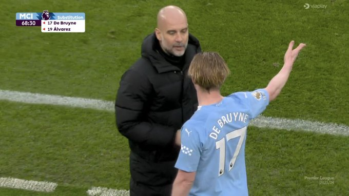 He had stern words with manager Pep Guardiola at his substitution