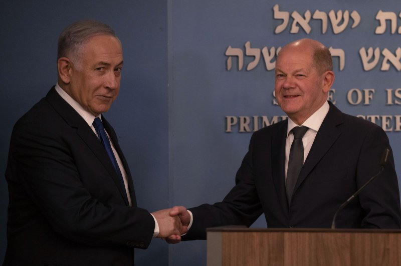 Israeli Prime Minister Benjamin Netanyahu, left, and the German Chancellor Olaf Scholz shake hands after speaking in Jerusalem, Israel, Sunday, March 17, 2024. Pool Photo by Leo Correa/UPI