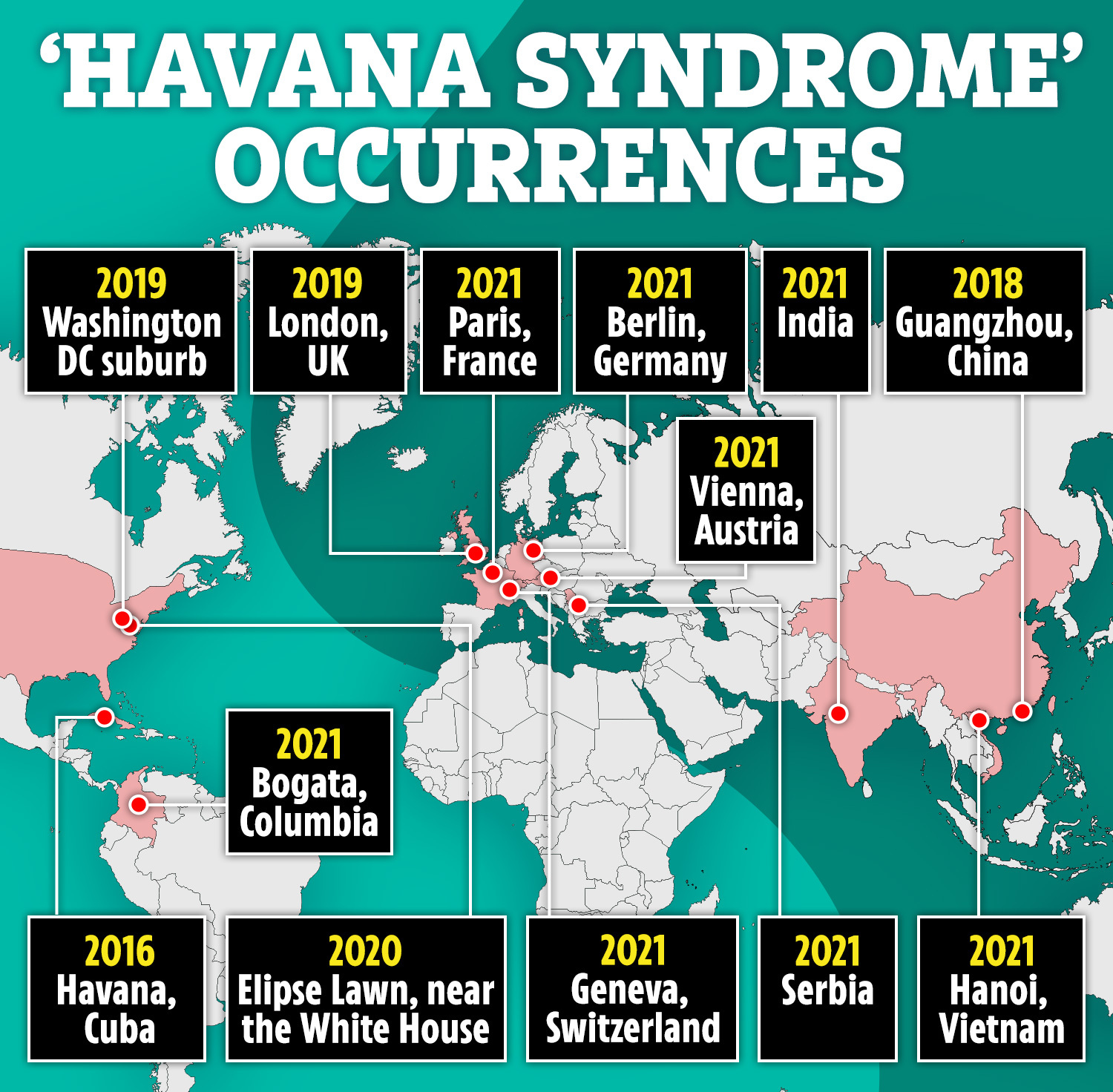 To date, Havana syndrome has affected around 200 American diplomats, military personnel and spies (Above a timeline map of incidents)