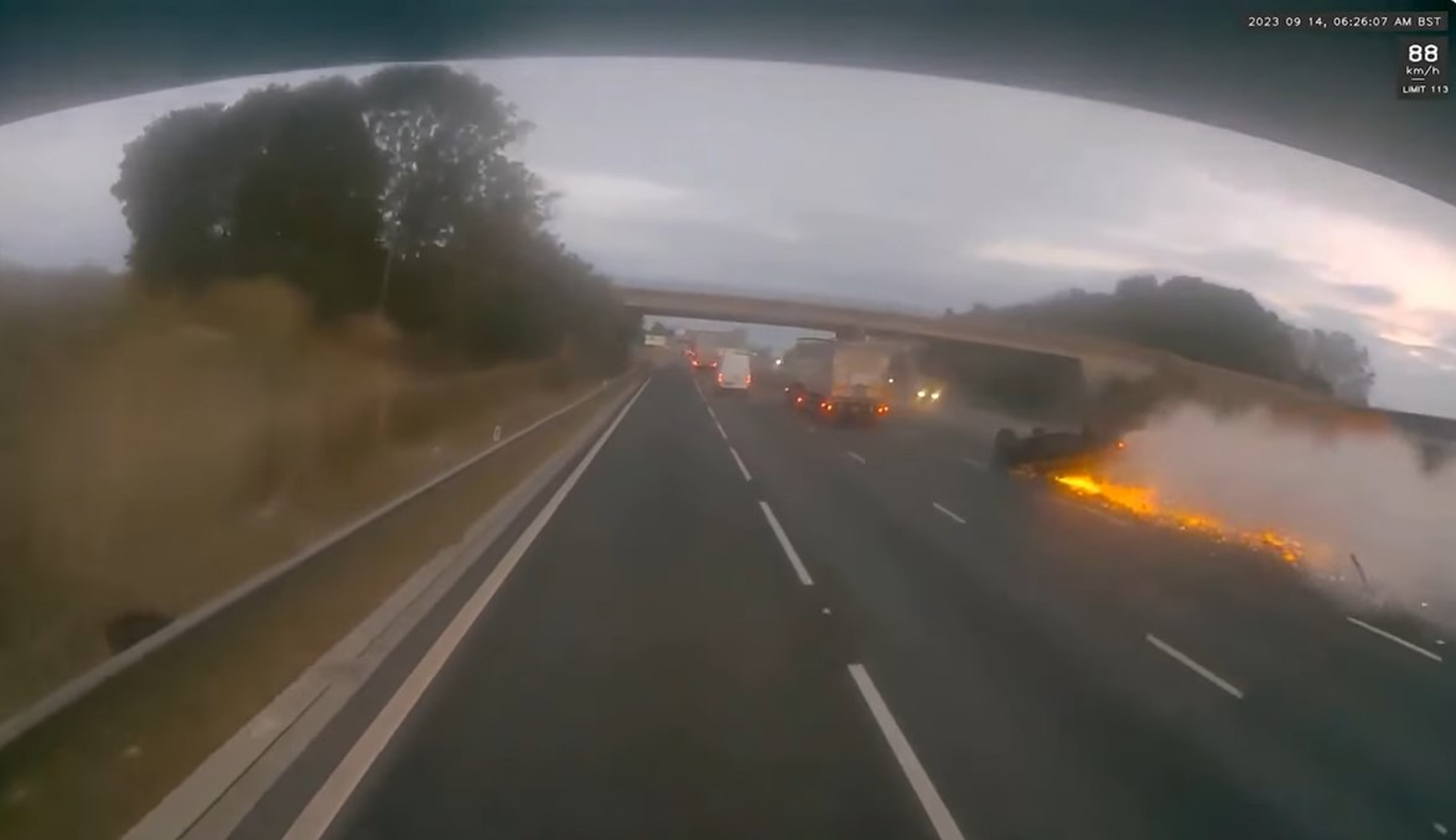 This is the horrific moment a car exploded after being hit by a drunk driver on a busy motorway