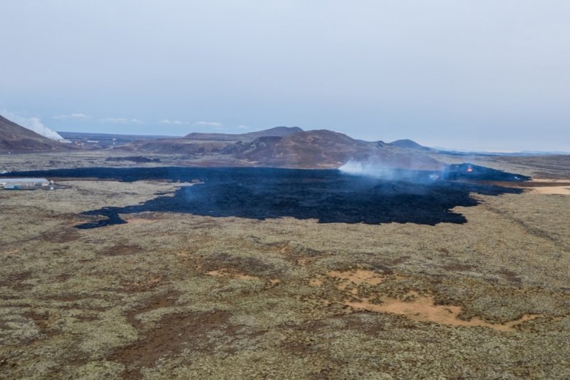 Image taken with a drone showing lava flow after a volcanic eruption near the town of Grindavik, in the Reykjanes peninsula southwestern Iceland in January. Another volcanic eruption began Saturday on the Reykjanes peninsula Saturday, prompting authorities in Iceland to evacuate the small fishing town and the popular Blue Lagoon tourist site. This was the fourth eruption in the area since December 2023. Photo by Anton Brink/EPA-EFE