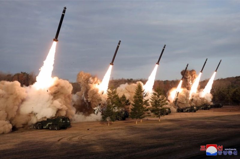 North Korean leader Kim Jong Un oversaw a firing drill of super-large multiple rocket launcher systems, state media reported Tuesday. Photo by KCNA/UPI