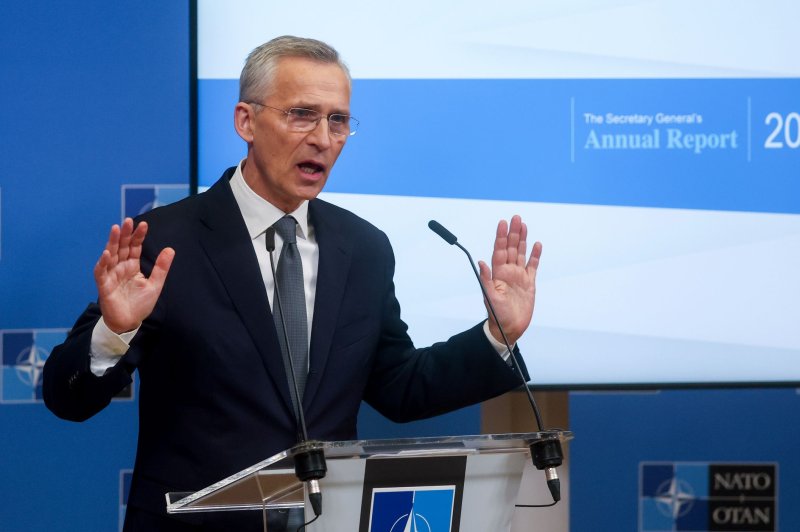 NATO Secretary General Jens Stoltenberg used the launch of his annual "state of the alliance" review Thursday to call on members of the 32-country security pact to increase the flow of weapons and ammunition to Ukraine as matter of urgency. Photo by Olivier Hoslet/EPA-EFE