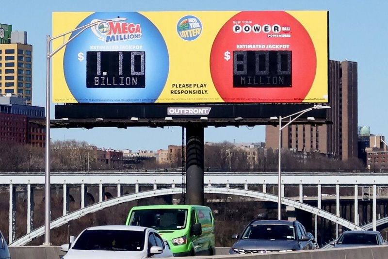 A display off of the Major Deegan Expressway shows the Mega Millions jackpot at $1.1 billion dollars Monday in New York City. Monday's Powerball drawing is worth $800 million. Photo by John Angelillo/UPI