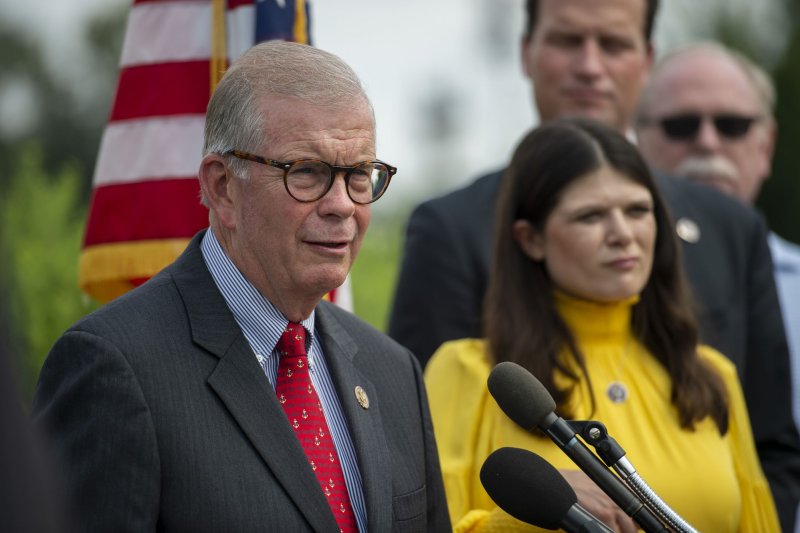 Rep. Tim Walberg, R-Mich., speaks with other representatives during a news conference in July 2021. He is under fire for seemingly encouraging dropping nuclear weapons on Gaza. File Photo by Bonnie Cash/UPI