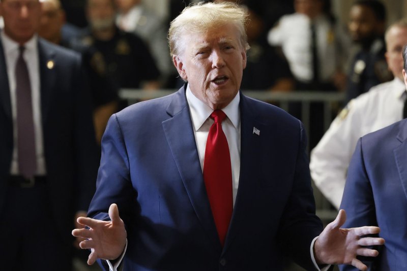 Former President Donald Trump appears in court for a hearing in his New York hush money criminal case on February 15. On Monday, Trump's attorneys filed their opposition to a limited gag order motion, calling it "unconstitutional and unlawful." Photo by John Angelillo/UPI