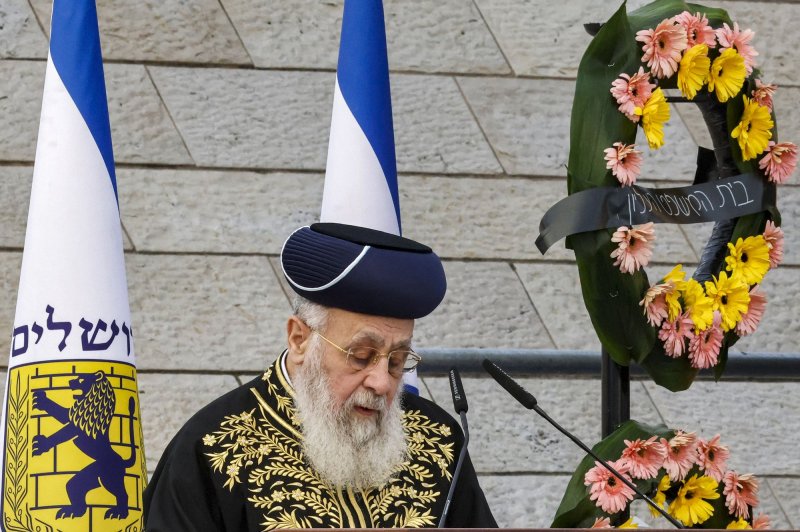 Yitzhak Yosef, Sephardi Chief Rabbi of Israel, gives a speech during the annual ceremony for Remembrance Day for fallen soldiers (Yom HaZikaron) at the Yad LaBanim Memorial in Jerusalem on April 24, 2023. Pool Photo by Marc Israel Sellem/UPI