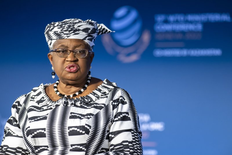 Nigeria's Ngozi Okonjo-Iweala, director general of the World Trade Organization, speaks at the opening ceremony of the 12th Ministerial Conference in Geneva in 2022. This year's conference ended Saturday in Abu Dhabi with little progress on fishing and agriculture subsidies. File Photo by Martial Trezzini/EPA-EFE