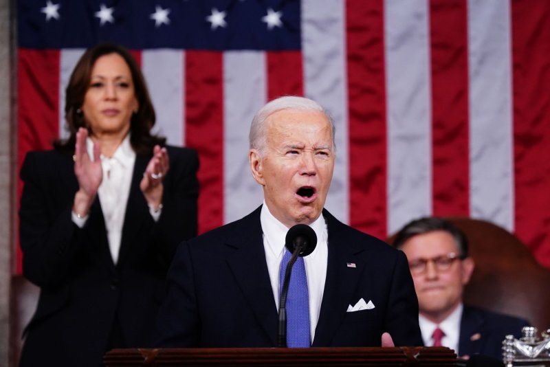 President Joe Biden delivers the State of the Union speech to a joint session of Congress at the U.S. Capitol in Washington, D.C., on Thursday. Pool Photo by Shawn Thew/UPI