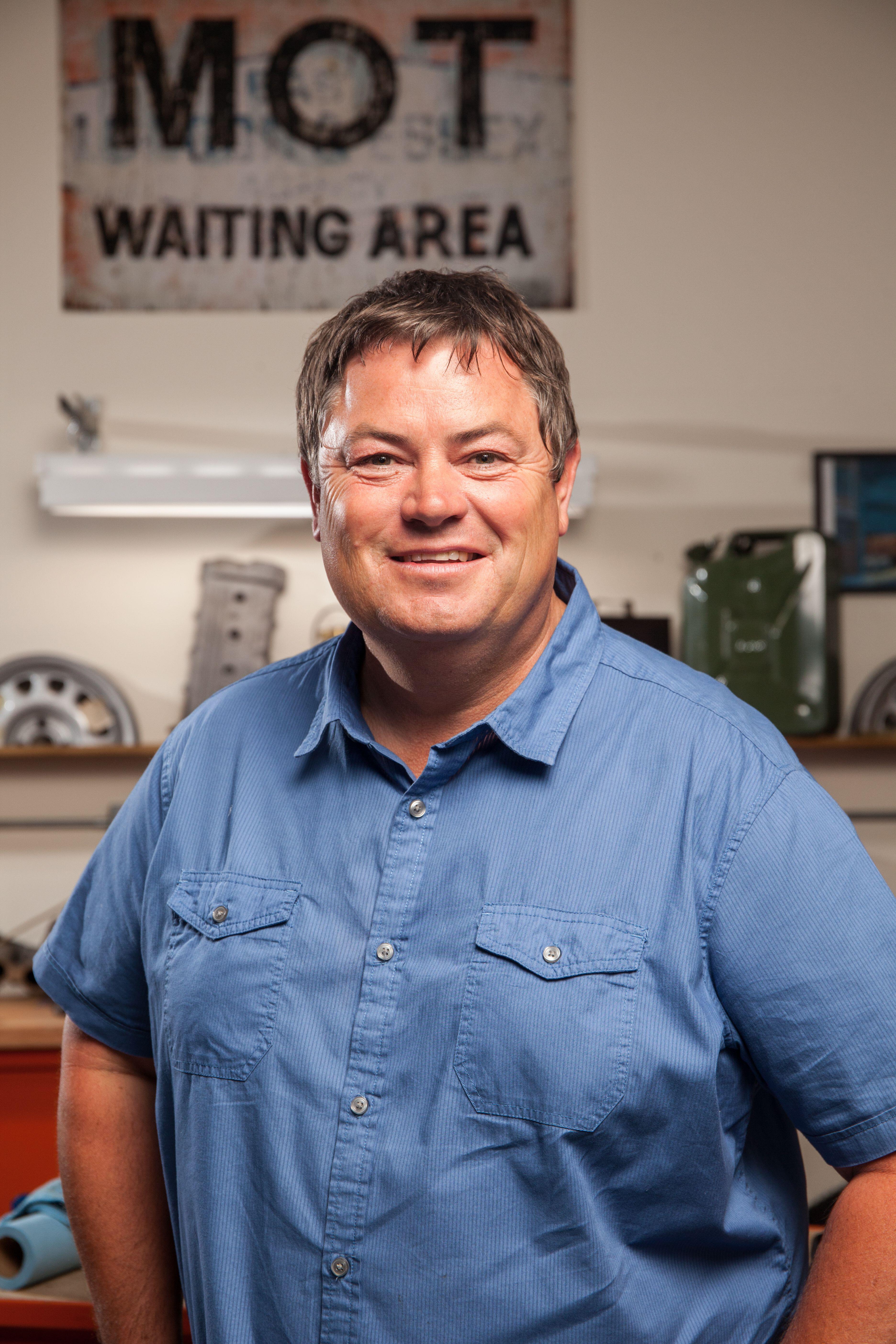 Mike Brewer at the Wheeler Dealers garage studio in Bracknall