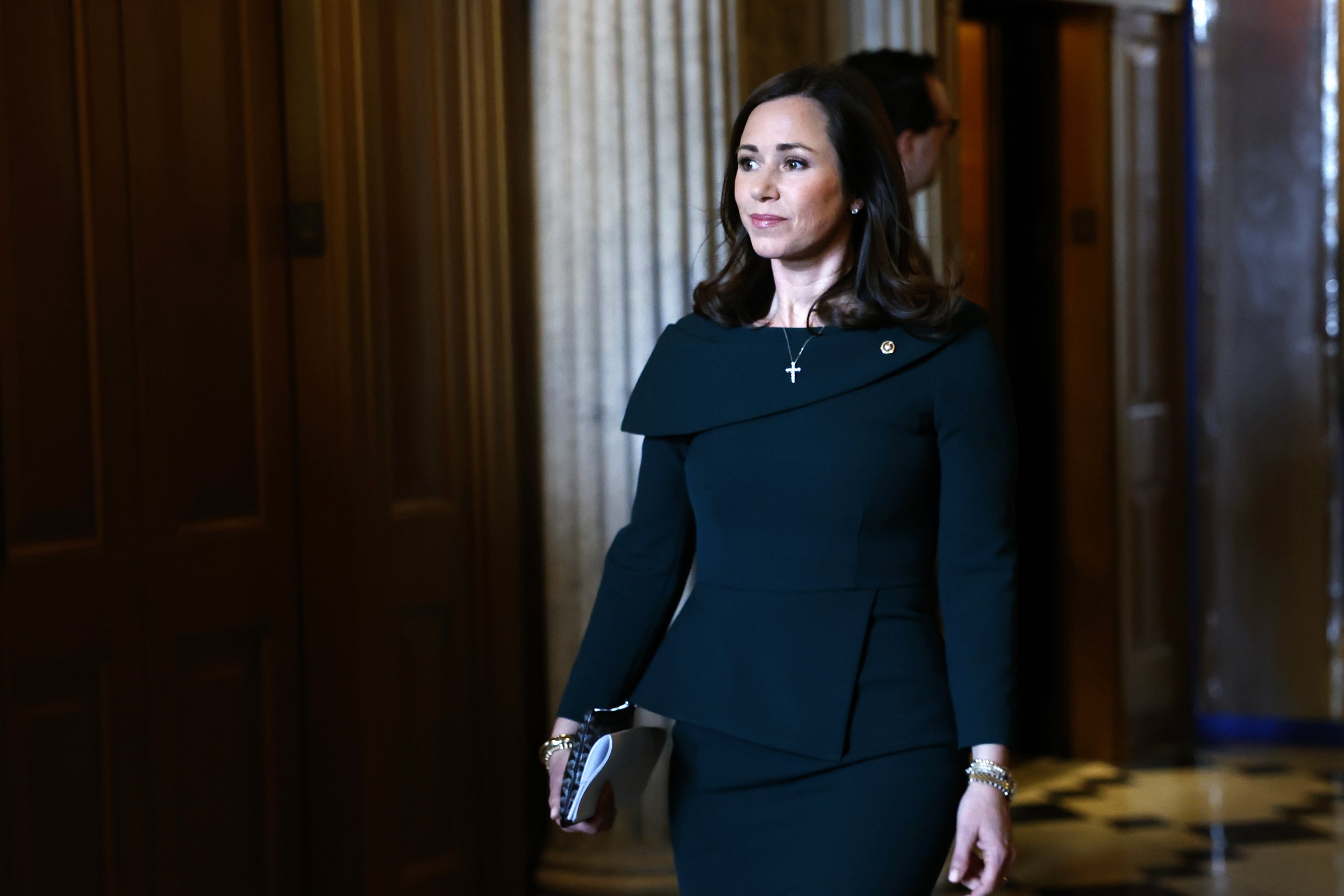 Senator Katie Britt walks to a luncheon with Senate Republicans at the US Capitol Building on February 27, 2024, in Washington, DC