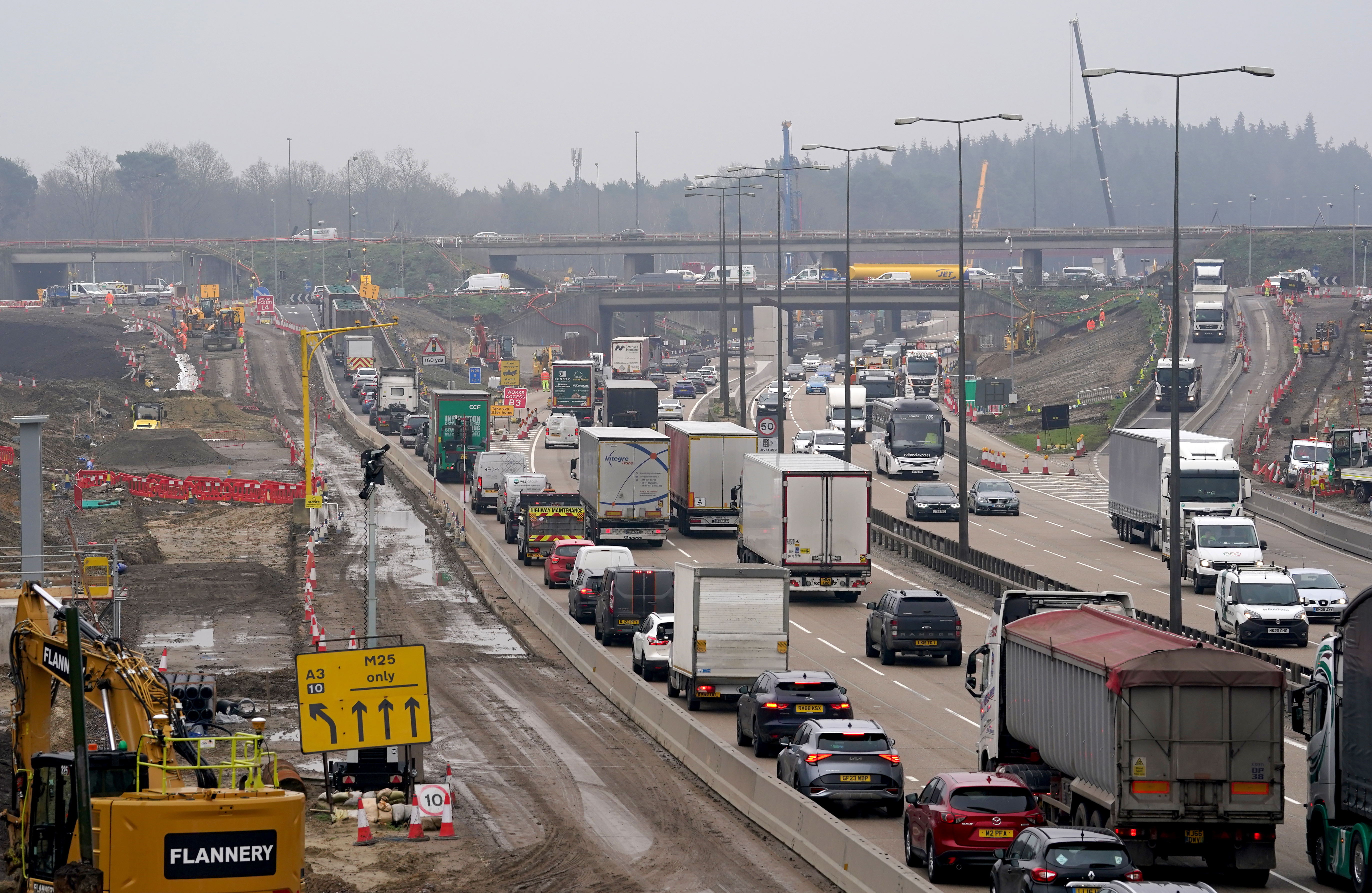 A view of traffic approaching junction 10 of the M25 in Surrey during a site visit ahead of the planned closure of both carriageways