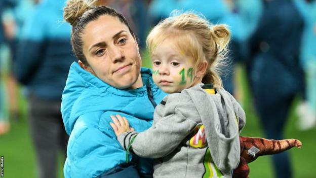 Katrina Gorry and her daughter Harper at the Women's World Cup in 2023