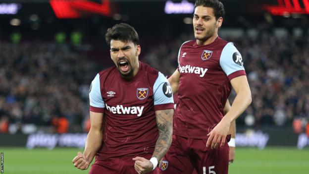 West Ham's Lucas Paqueta (left) celebrates scoring a goal