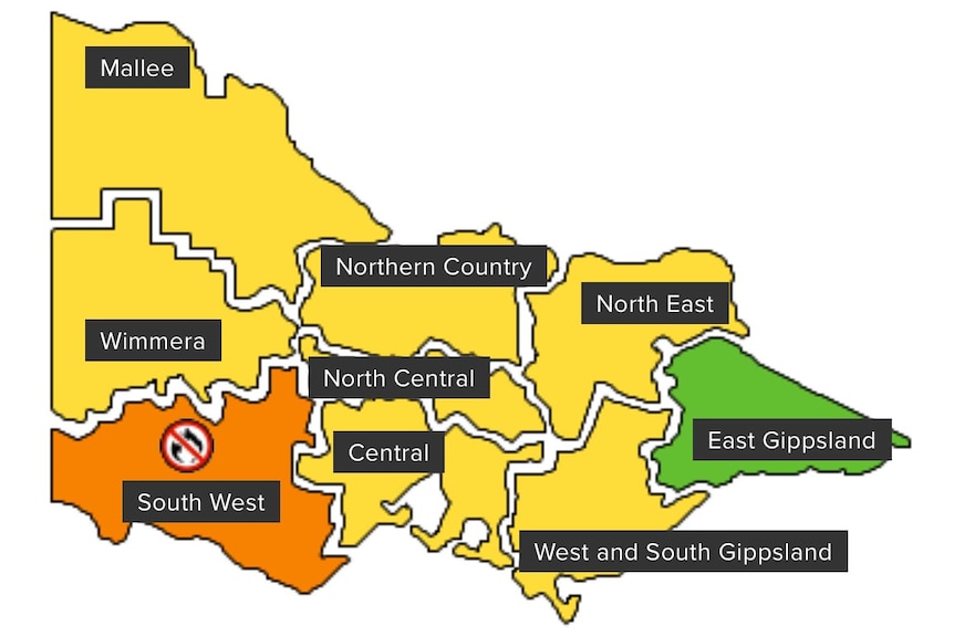 A map of Victoria with fire danger ratings.