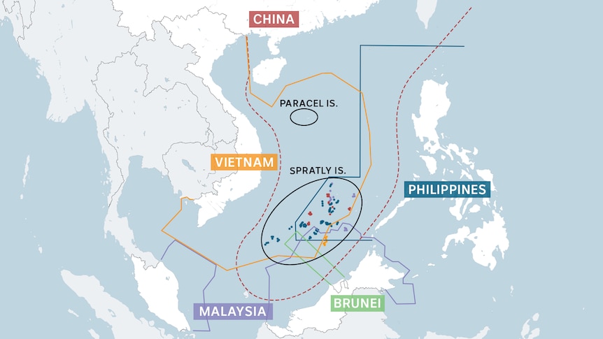 A map shows the countries and their claims around the South China Sea, marked in coloured lines.