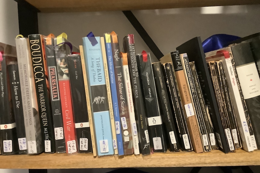 Various history books on a bookshelf, each with a small white label depicting the years the author was alive.