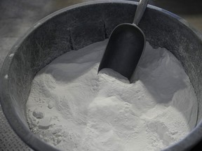 A container of lithium carbonate sits in a shipping warehouse at a lithium facility, in Silver Peak, Nevada.