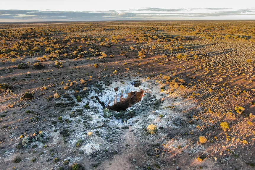 A large opening on the grounds of a dry landscape in the Nullarbor Plains. 