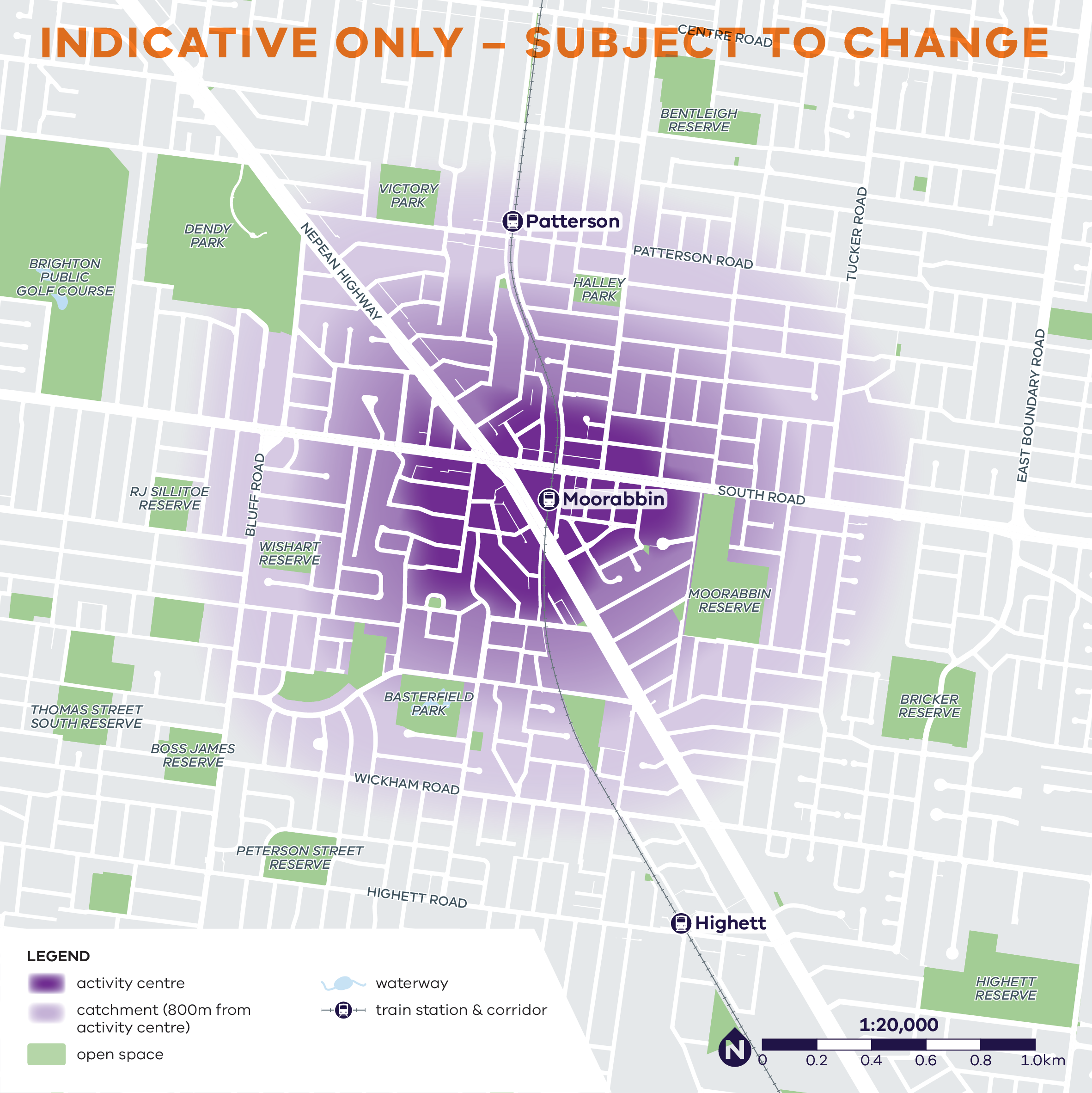 A map showing the main area of Moorabbin shaded in.