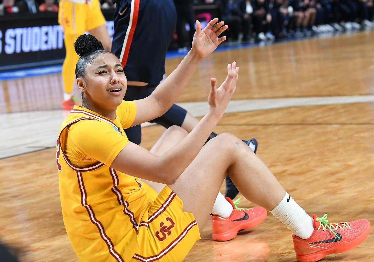 USC guard JuJu Watkins reacts after a no-call against Connecticut on Monday.