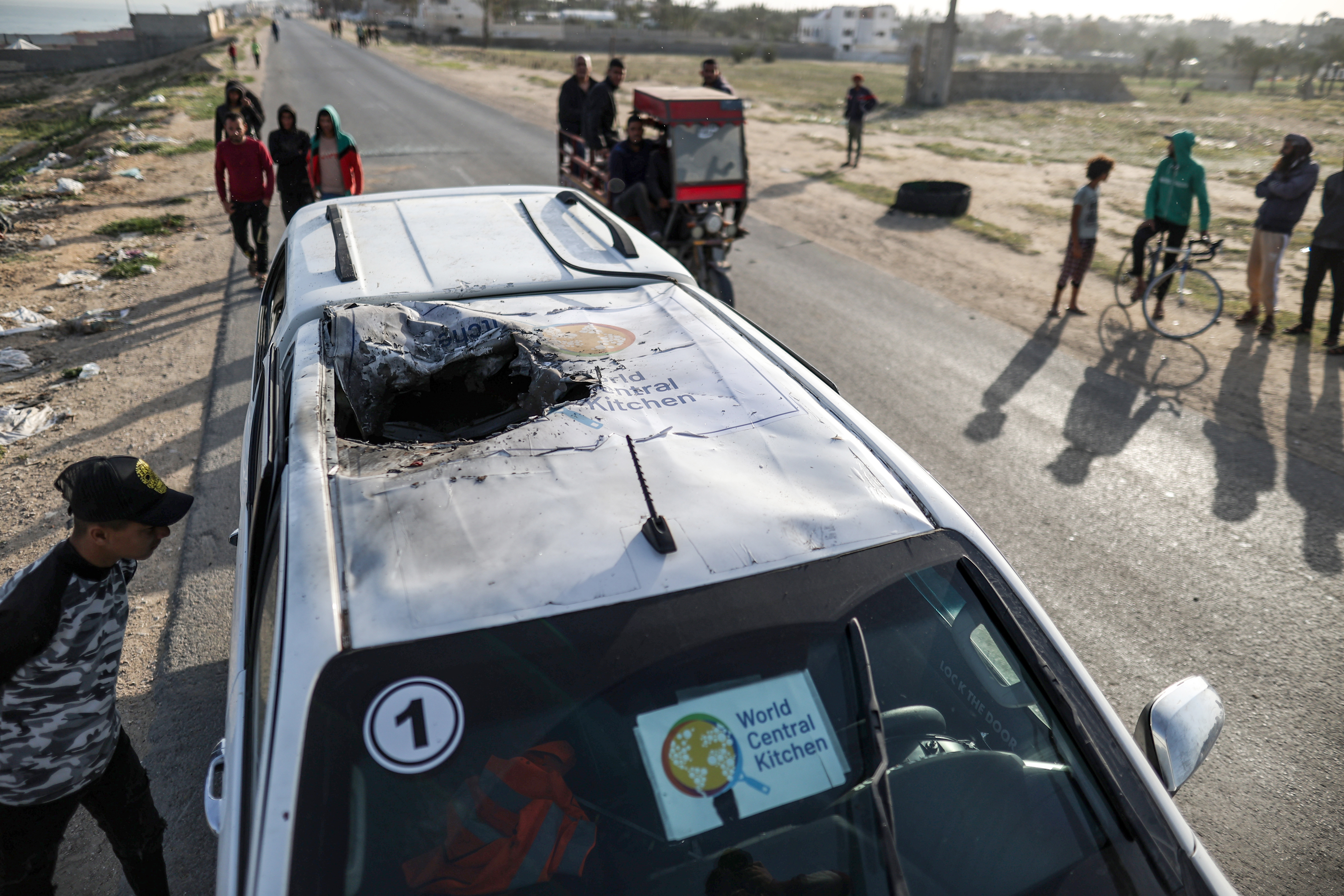 World Central Kitchen signs are clearly visible on the motor 'unintentionally' hit by Israeli drone missiles