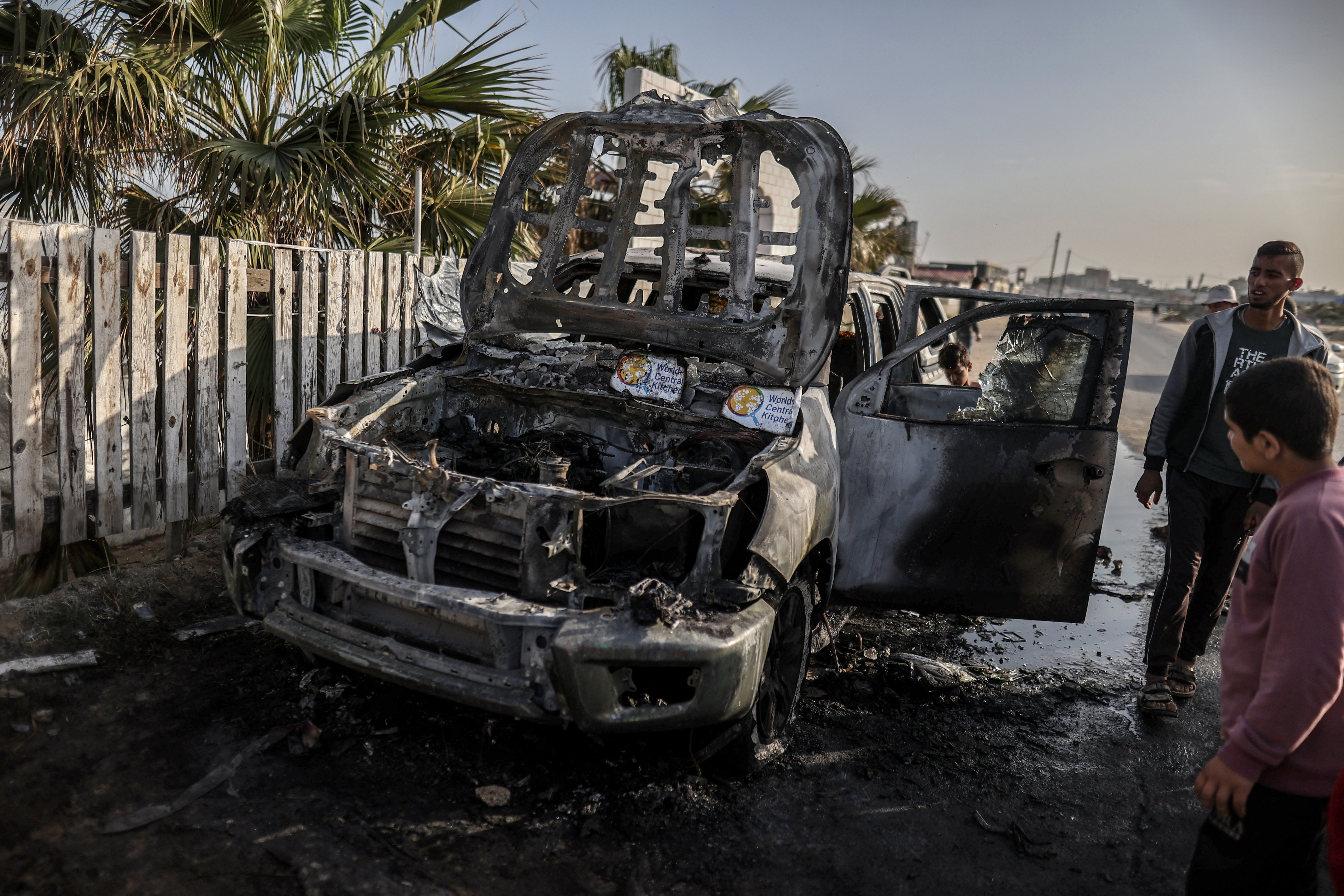 The aid vehicle that was struck in the attack in Deir al-Balah