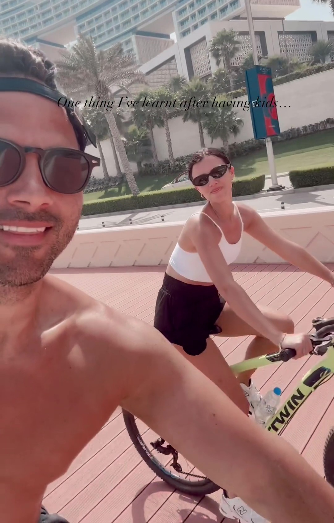 The pair rode bikes by the beach