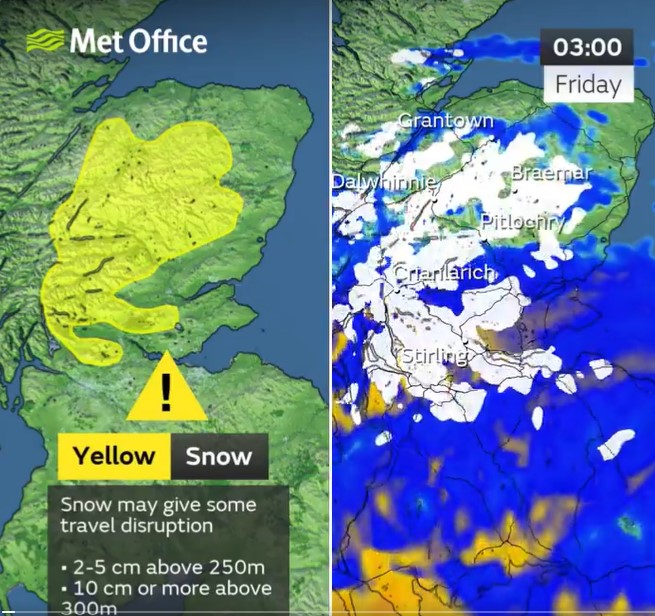 Yellow weather warnings for snow covering northern Scotland on Friday