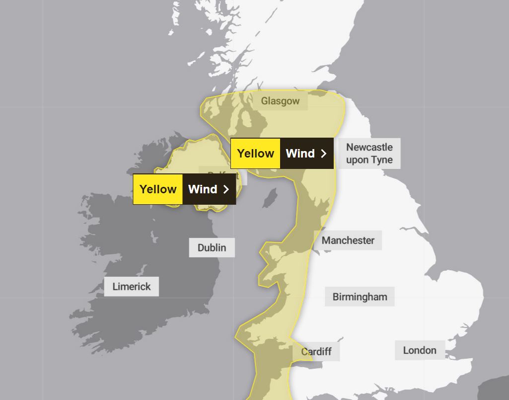 Yellow weather warnings for wind on Saturday covering Northern Ireland and large parts of Scotland, Wales and England