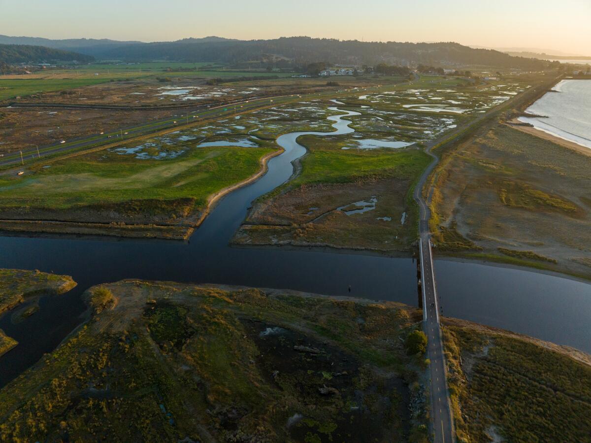 Overhead view of a river, a bridge and small ponds