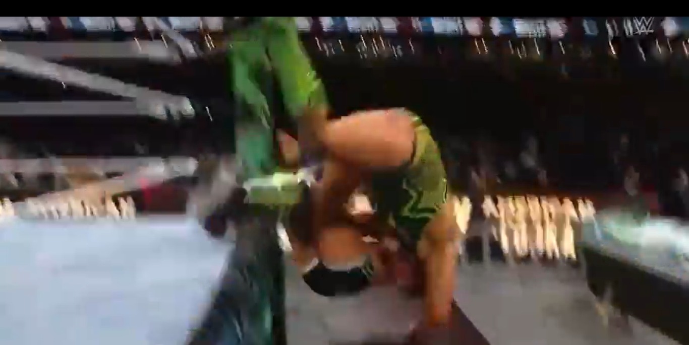 Gargano drove Dunne through a wooden table at WrestleMania 40