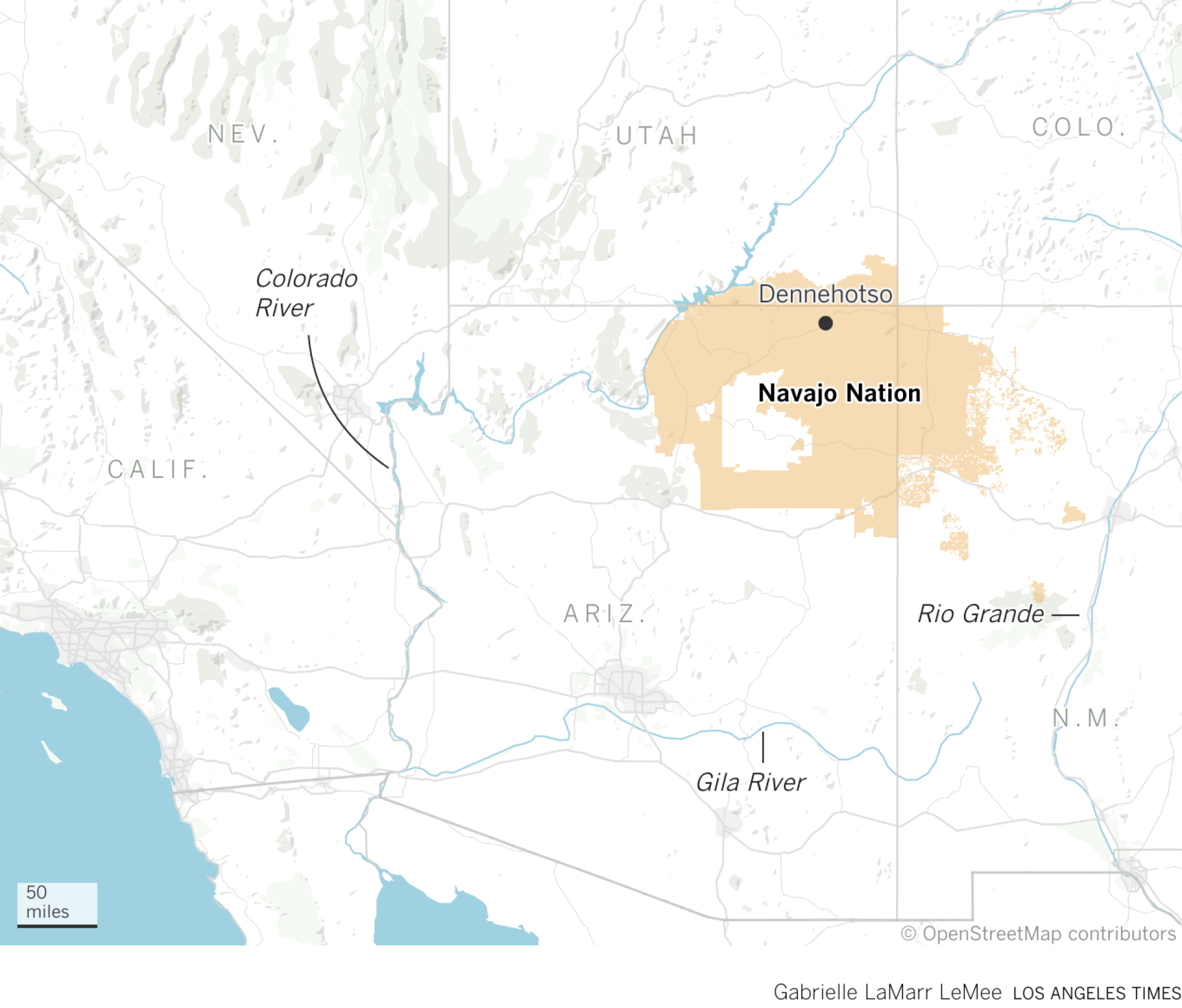 Map of Navajo Nation boundaries across Arizona, New Mexico, and Utah. The Colorado River which runs next to the boundary is also highlighted.