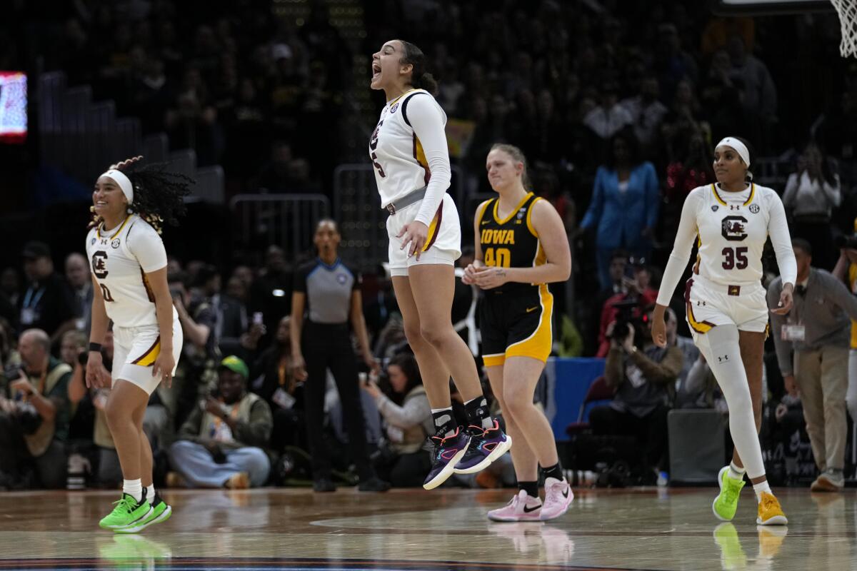 South Carolina guard Tessa Johnson celebrates after defeating Iowa in the NCAA women's basketball championship game Sunday.